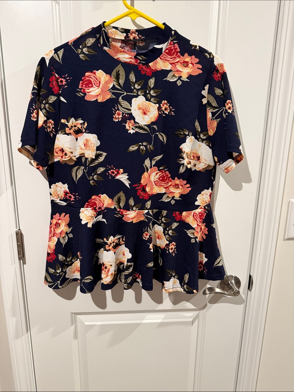 SHEIN Navy Floral Peplum Tunic with Coral and Cream Roses